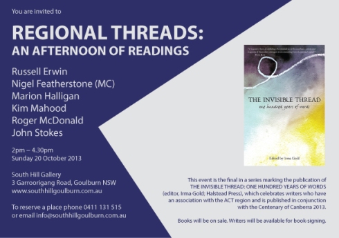 Regional Threads - an afternoon of readings - 20 October 2013 at South Hill, Goulburn (jpeg)